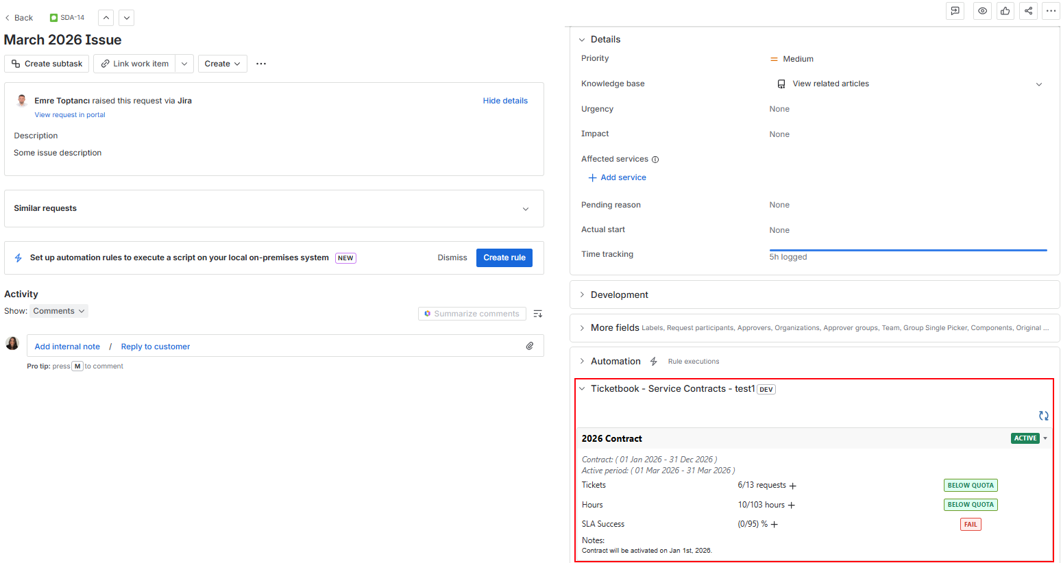 Jira issue view page showing the TicketBook panel on the right side, displaying the current period contract summary with quota consumption details for the customer associated with that issue