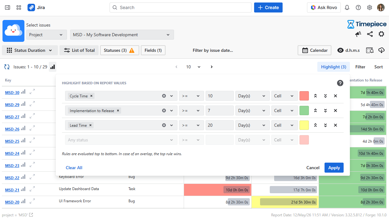 Status duration report with an open highlight menu showing the highlight filter  with multiple highlight rules