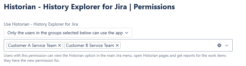 Historian Permissions page showing the Restrict access to specific groups option selected with a group selector field under App Access settings