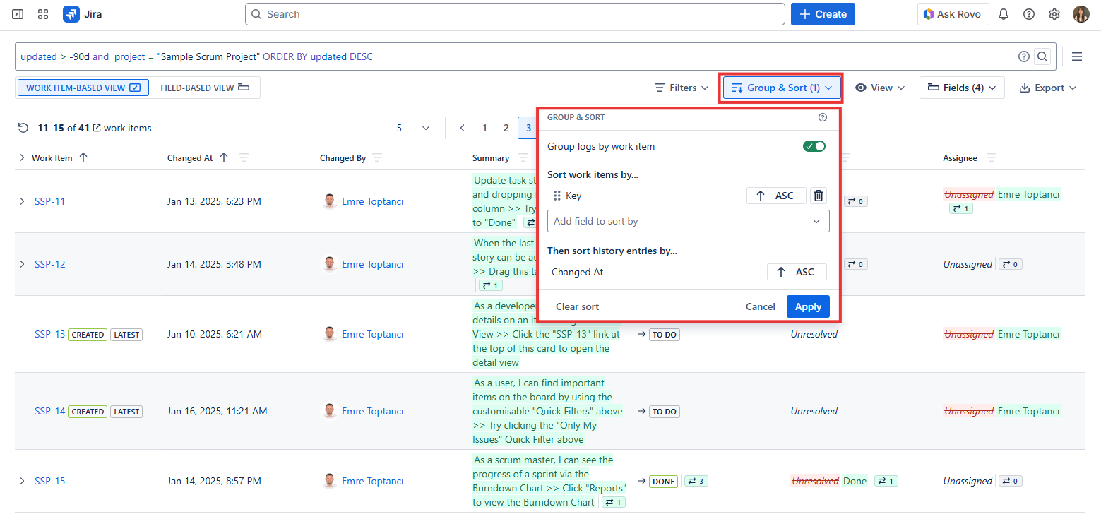Group and Sort Menu