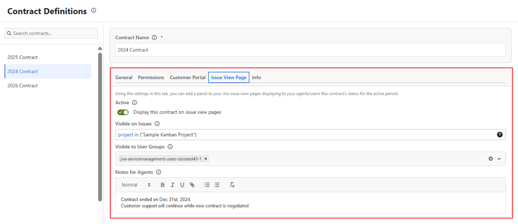 TicketBook Issue View Page tab in the Contract Definition screen showing options to enable the panel, define the issue scope with JQL, set visibility by user groups, and add an optional agent note