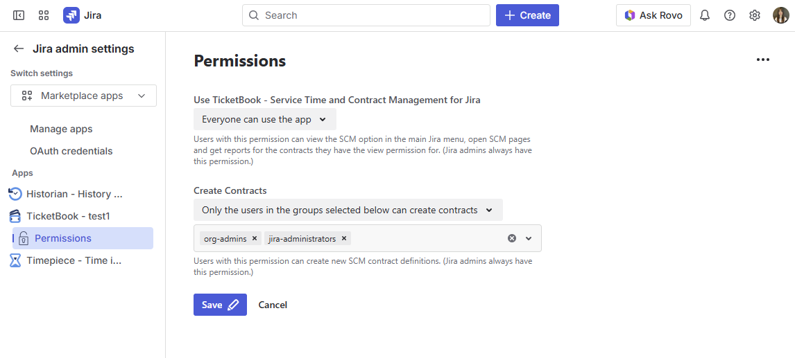 Jira Admin Settings page with the Marketplace Apps section expanded in the sidebar, showing TicketBook highlighted as the selected app