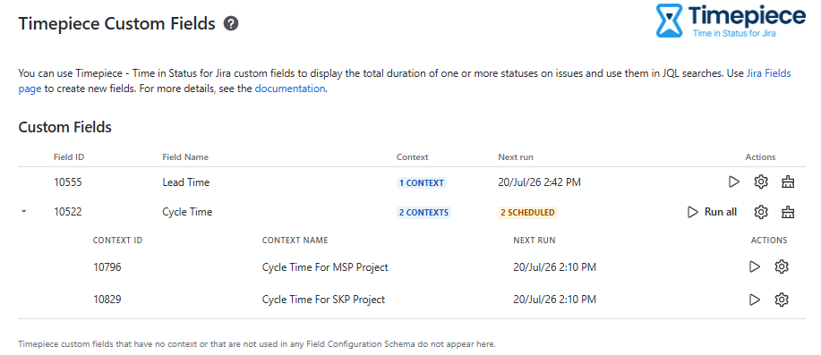 The Timepiece Custom Fields page showing the Custom Fields table with the Lead Time and Cycle Time fields, their contexts, and next run information.