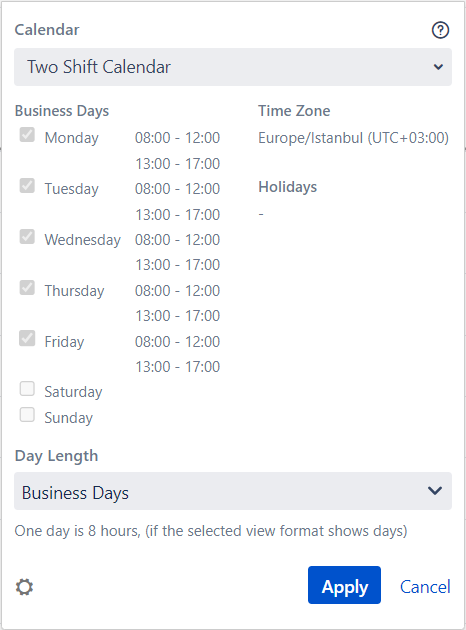 Two shift calendar settings under calendars menu