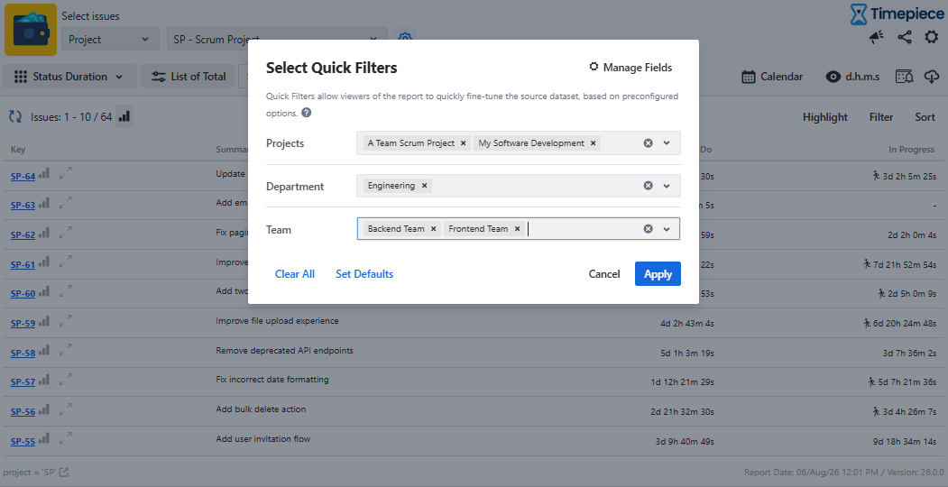 Timepiece Select Quick Filters pop up with configured filter criteria for Projects, Department, and Team.