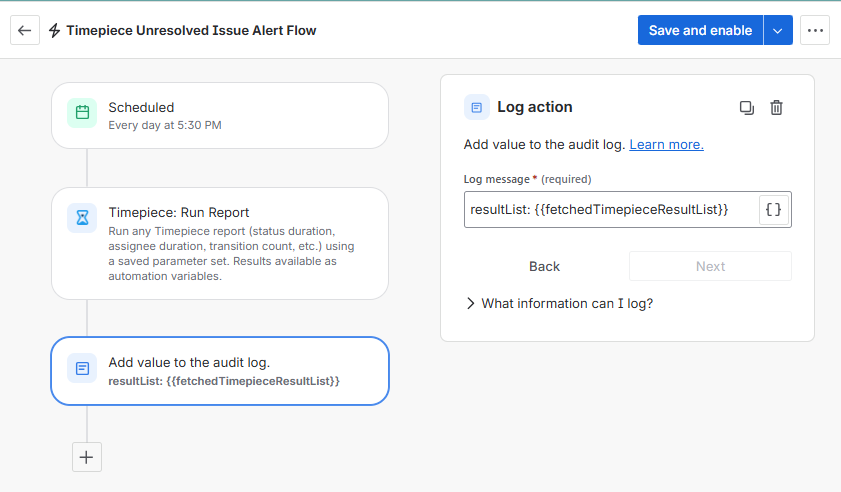 Timepiece automation interface configuring a Log action to add values to the audit log