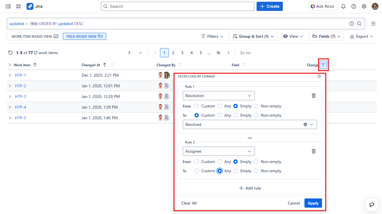 Historian Change Filter dialog in Field-Based View showing filter rules applied to the Change column with OR logic