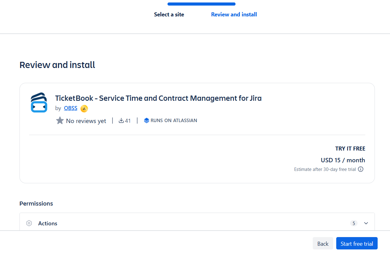 Atlassian Marketplace installation confirmation screen with the Start Free Trial button for TicketBook