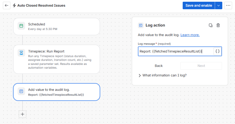 configuring a Log action step to record the report list results to the audit log