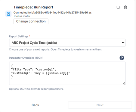 An Add an action window within an automation builder displaying the Timepiece Run Report action under the other apps section