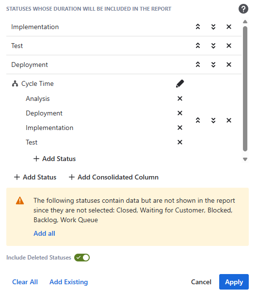 statuses menu with a cycle time consolidated column