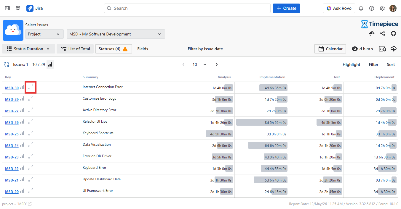 Status duration report with status history expanded button highlighted