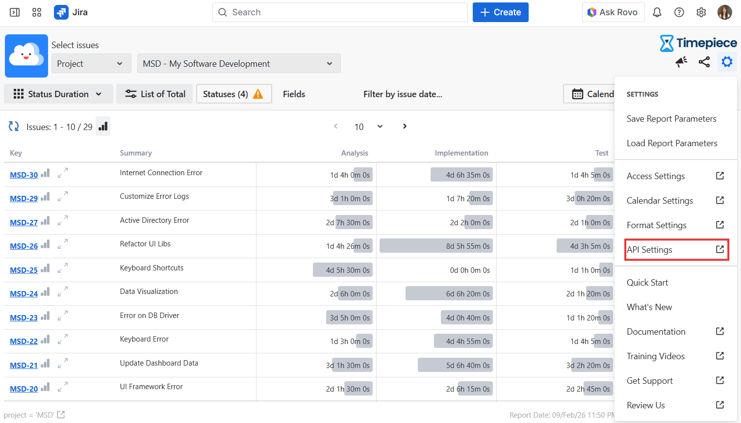 Timepiece API Settings navigation