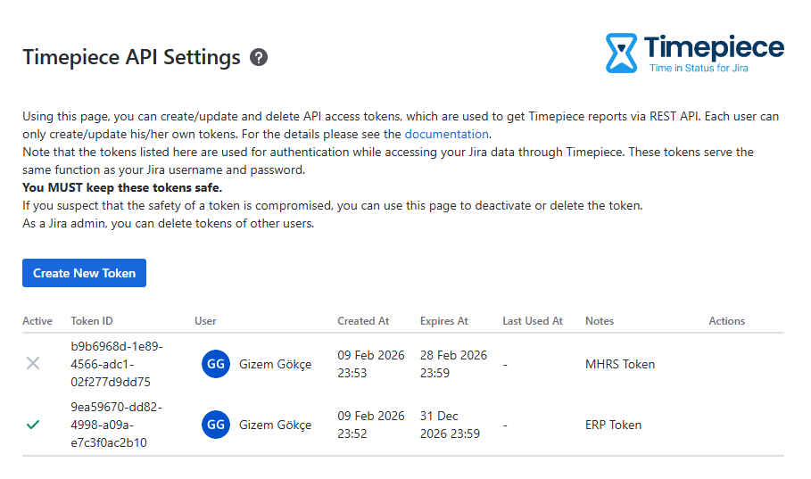 Timepiece API Settings