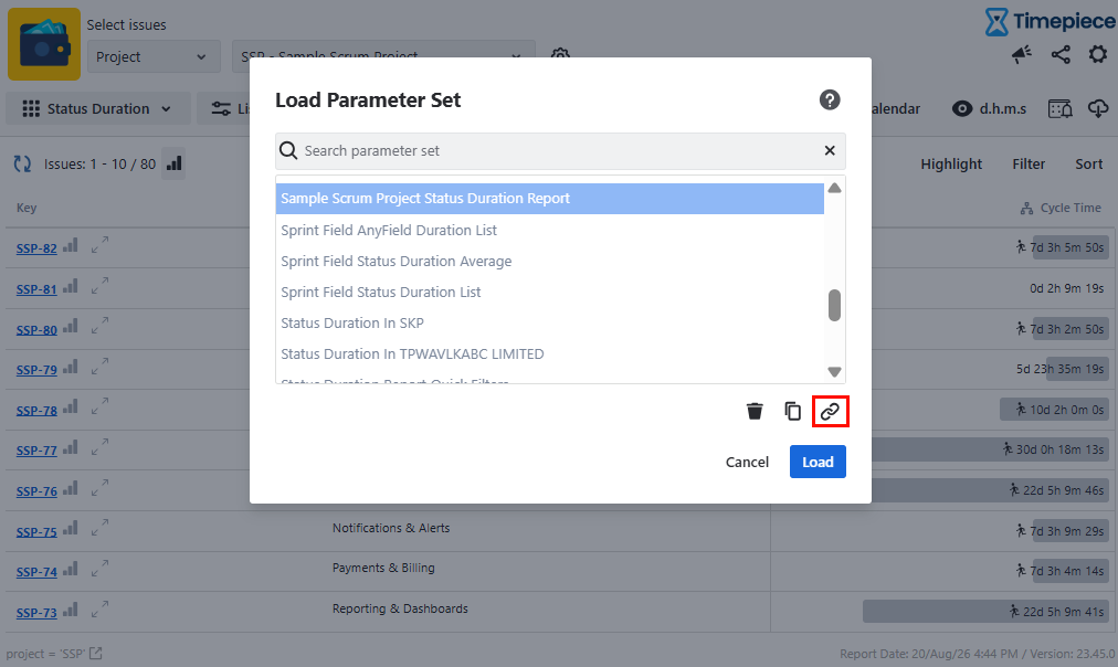Load Parameter Set window in Timepiece with the link icon highlighted in a red box at the bottom right.