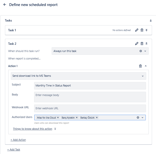 Tasks section with condition dropdown and action options