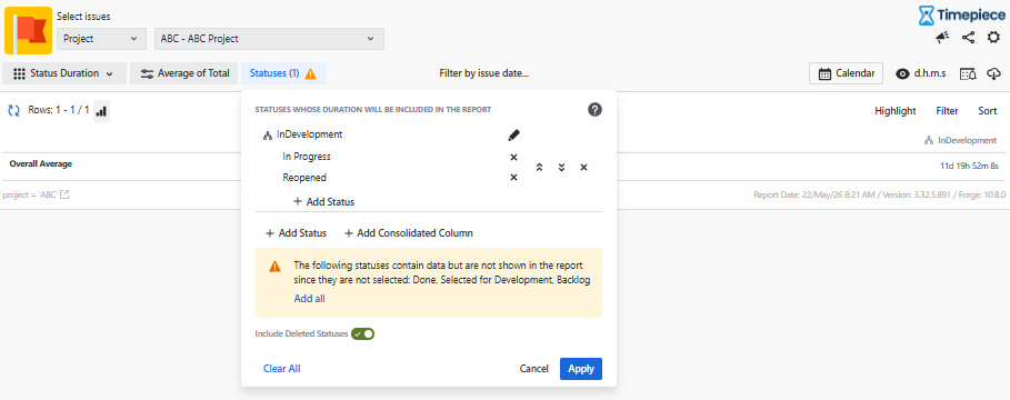 A Timepiece report view highlighting the Statuses dropdown configuration menu