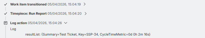 Audit log output showing the entire result list from the Timepiece report