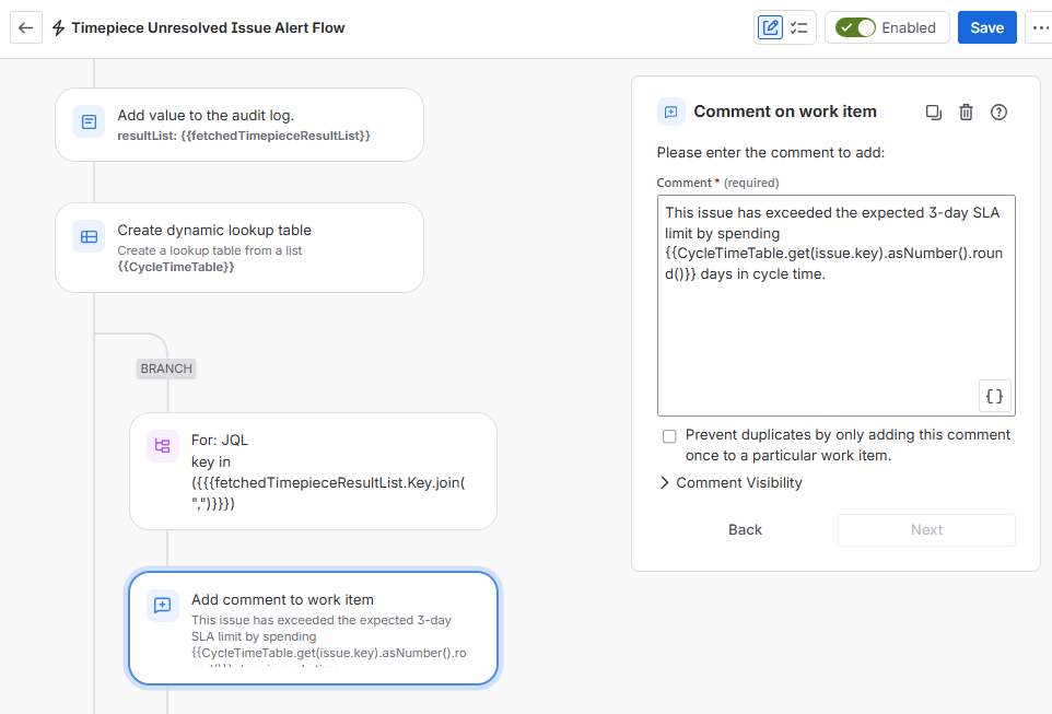Timepiece automation interface configuring a Comment on work item action