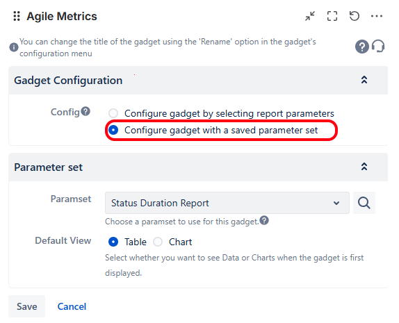 Gadget configuration using a saved parameter set