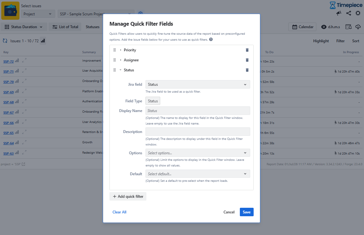 noo kısa yaz sadece alt text olucak buThe Manage Quick Filter Fields modal displaying configured filter fields with their settings expanded