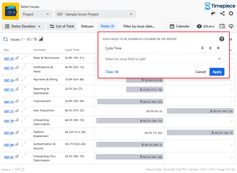 Adding the Cycle Time custom field as a column to a Timepiece status duration report using the fields option