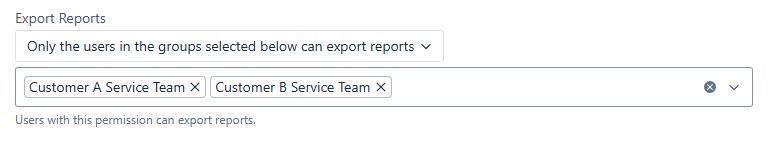 Historian Permissions page showing the Restrict export to specific groups option selected with a group selector field under Export settings