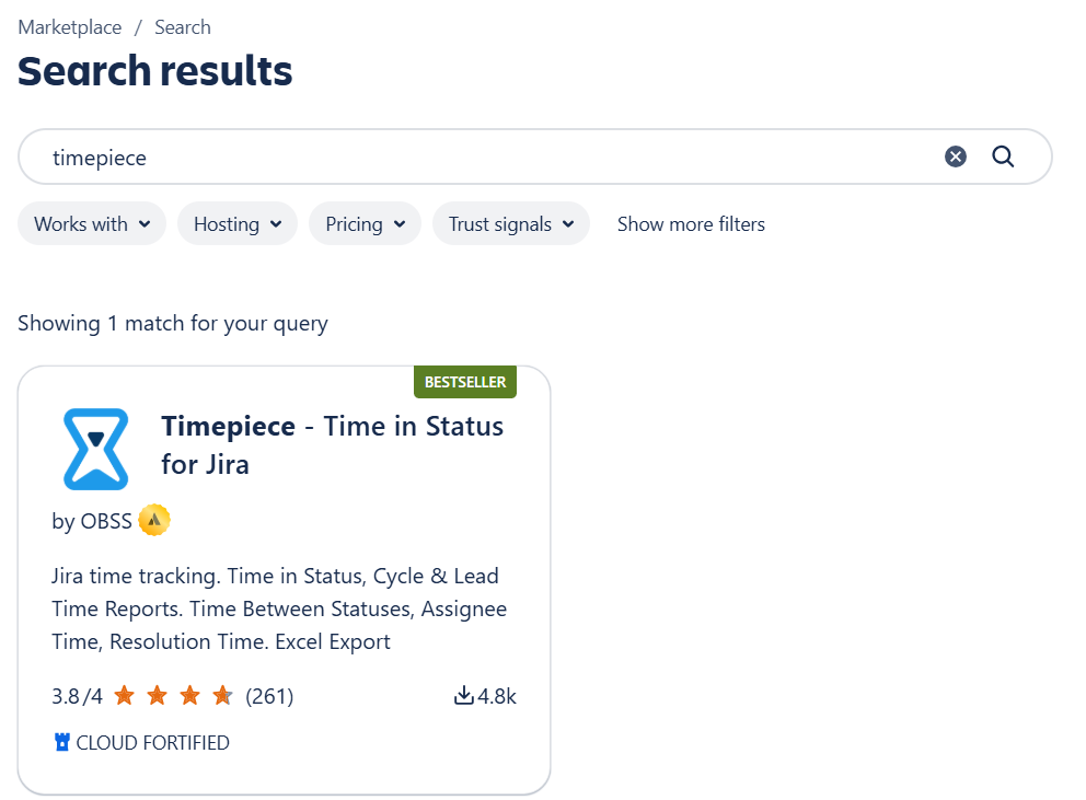 Atlassian Marketplace Timepiece Keyword search result