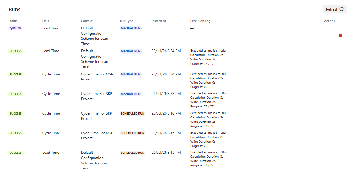 The Runs section listing manual and scheduled runs, showing the status, field, context, run type, start time, and execution log for each run.