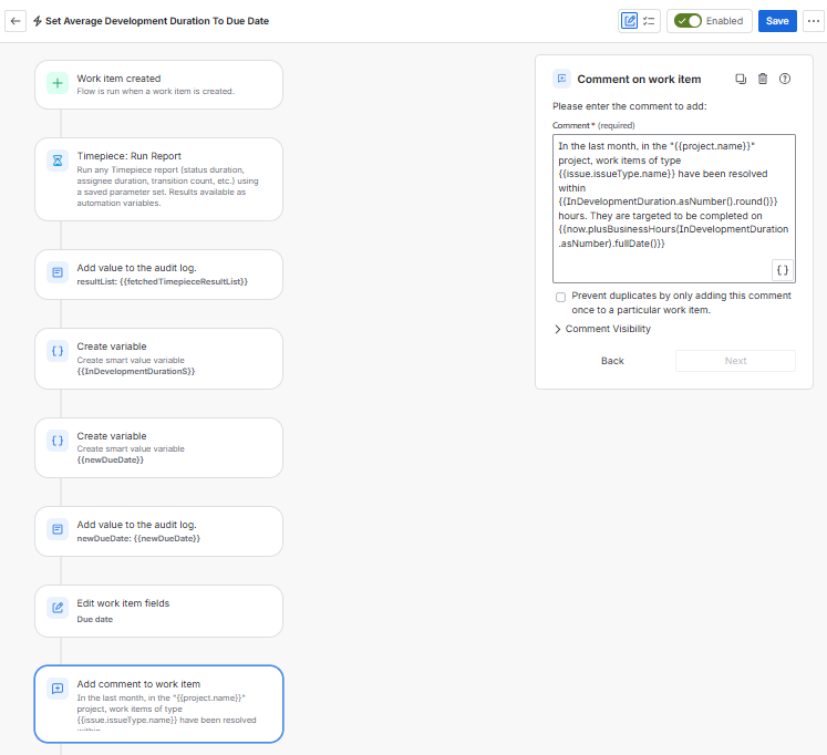 A Set Average Development Duration to Due Date automation interface configuring a Comment on work item action
