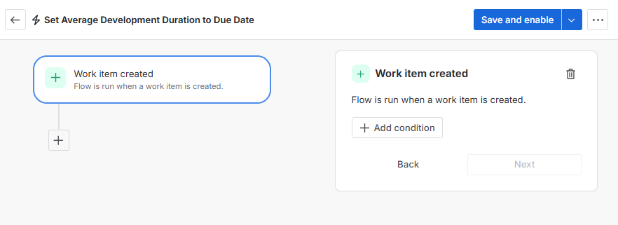 A Set Average Development Duration to Due Date automation builder window configuring a Work item created trigger that runs the flow whenever a new work item is created