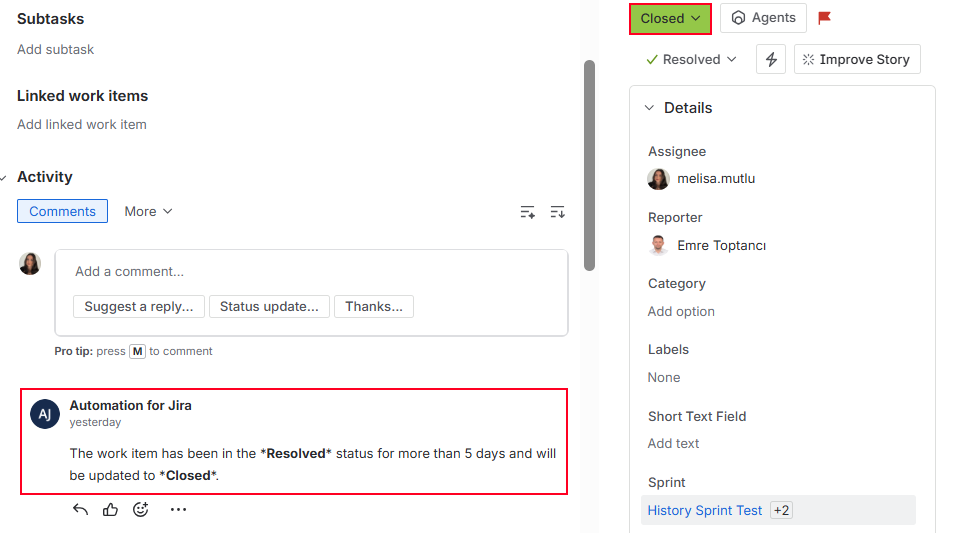 A Jira work item detail view showing an automated comment
