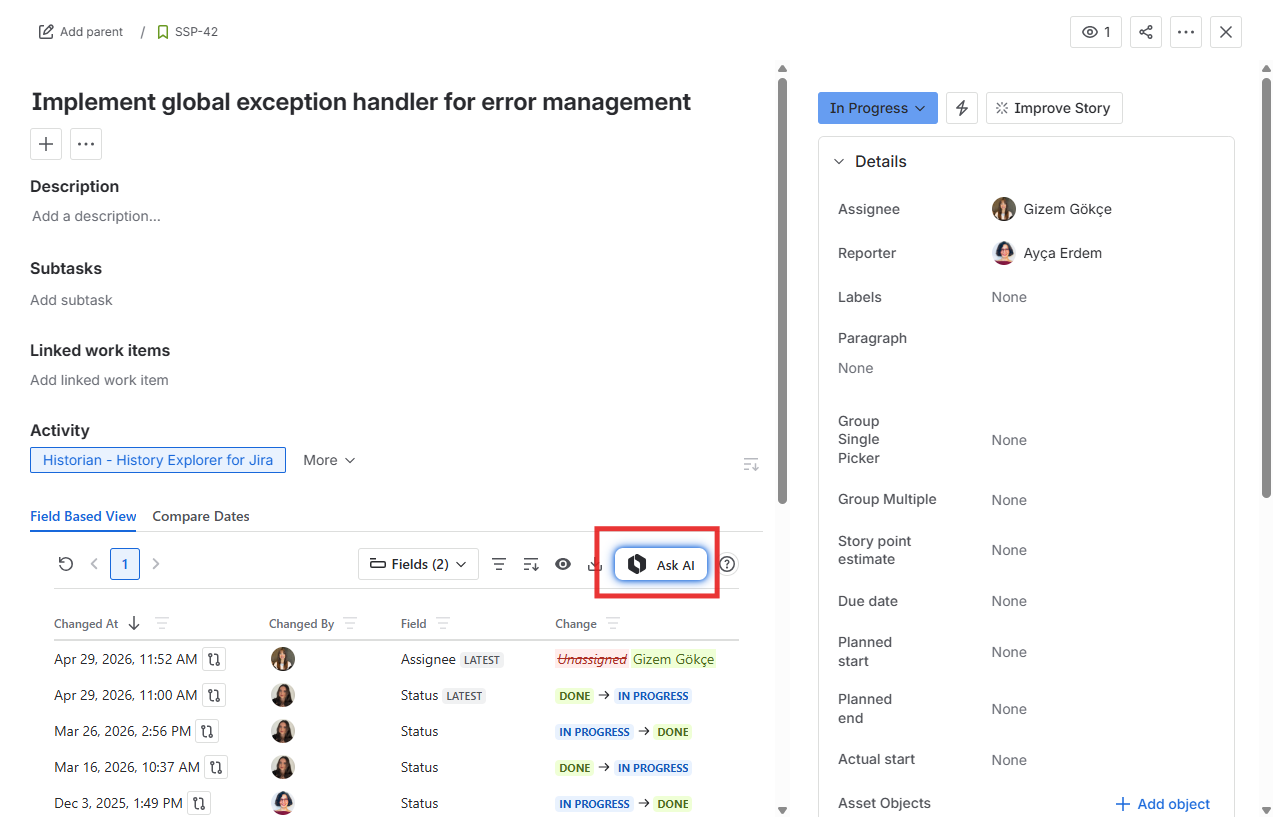 Historian tab in the Jira issue Activity panel showing the Ask AI button in the upper-right corner of the Work Item View Tab