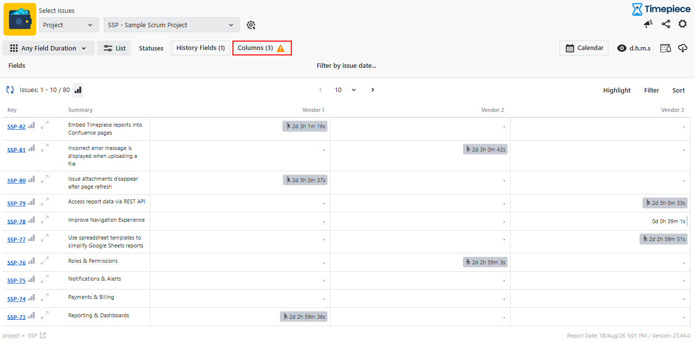 A Time in Status dashboard interface displaying issue key summaries alongside duration metrics for Vendor 1, Vendor 2, and Vendor 3 columns.