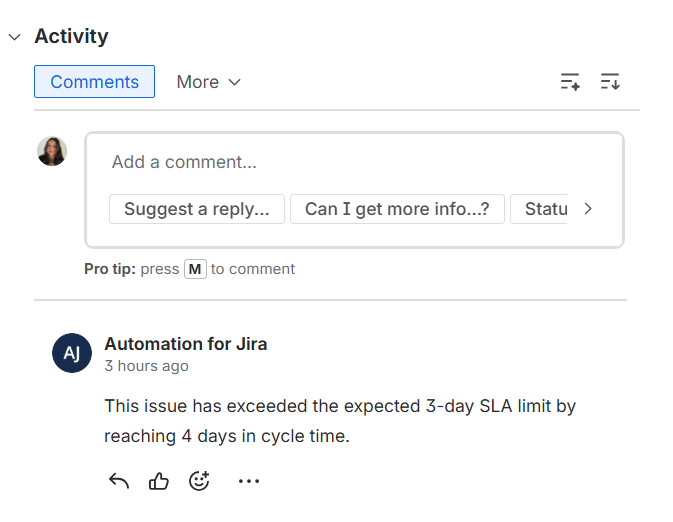 A Jira activity section showing an automated comment from Automation for Jira stating that the issue has exceeded the expected 3 day SLA limit