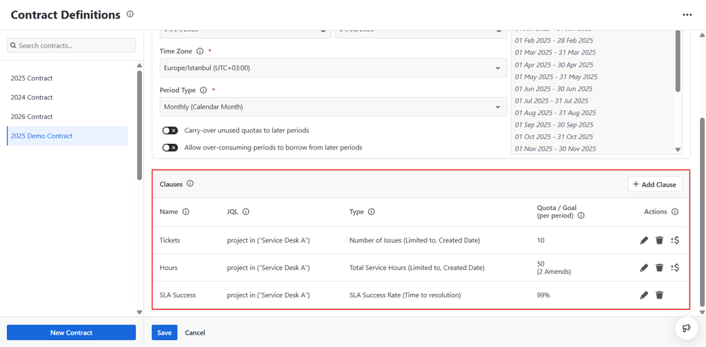 TicketBook Contract Definitions screen showing the Clauses tab with a list of existing clauses and the Add New Clause button