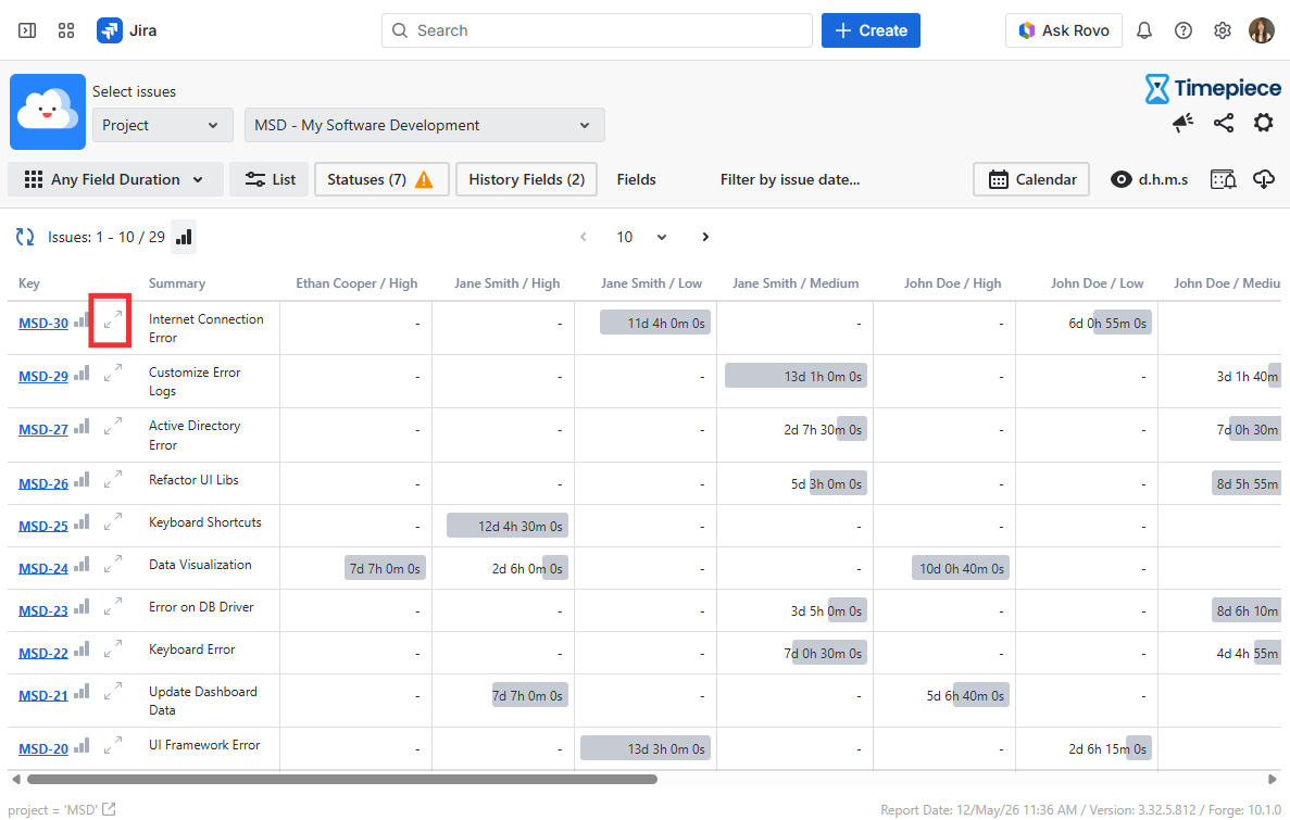 Any Field Duration report with expanded report button highlighted