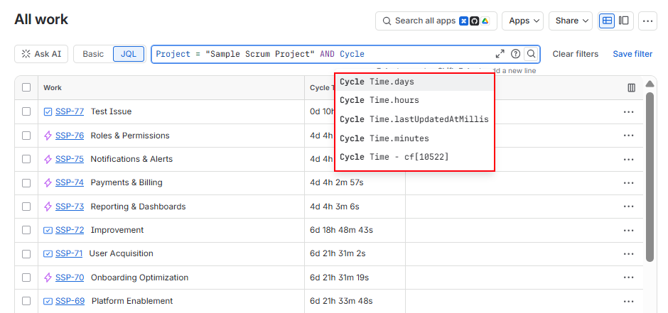 The Jira JQL editor showing autocomplete suggestions for the custom field, including options for querying its value in days, hours, and minutes.