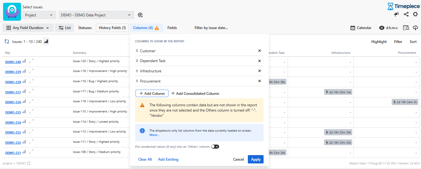 A Time in Status dashboard interface showing a column configuration popup with Customer, Dependent Task, Infrastructure, and Procurement selected.