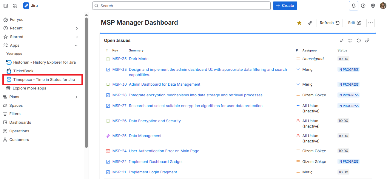 Jira Dashboard with an open apps menu, Timepiece is highlighted as an app