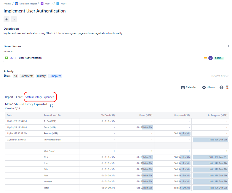 Issue View activity tab, timepiece status history expanded report screen