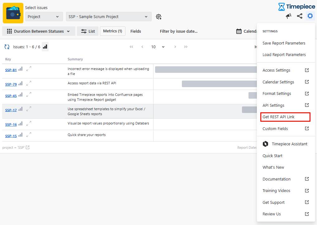 Screenshot of Timepiece in Jira showing Get REST API Link option highlighted in a red box inside the Settings menu.