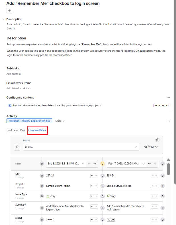 Historian Compare Dates view inside the Work Item View Tab showing two date columns with field values side by side for comparison