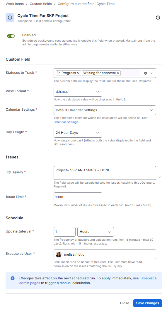 Configuring the Cycle Time custom field settings including statuses to track view format JQL query and schedule options
