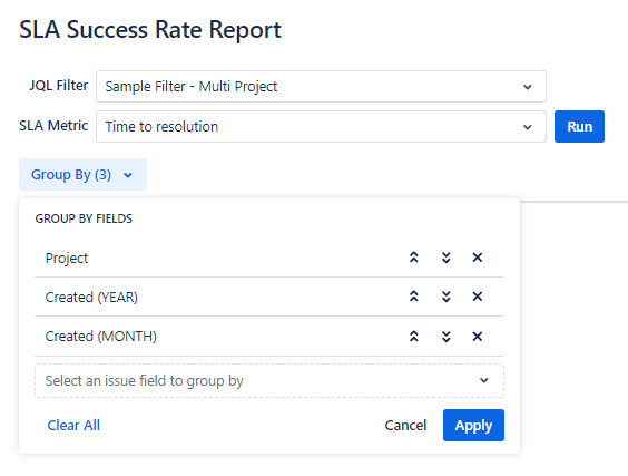 TicketBook SLA Success Rate Report options modal showing fields for selecting a saved Jira filter, an SLA timer, and one or more Group By fields before running the report