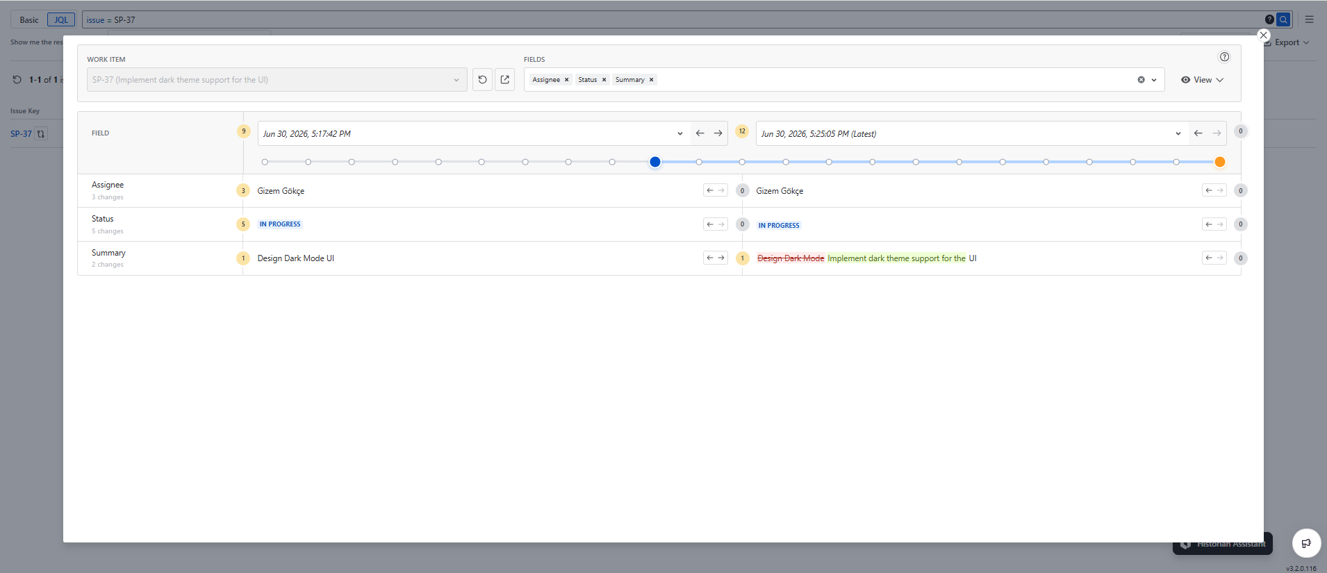 Historian Historic Query timeline slider showing change dots with Apply button and Compare Dates link for navigating between historical change dates