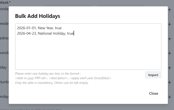Add bulk holidays modal