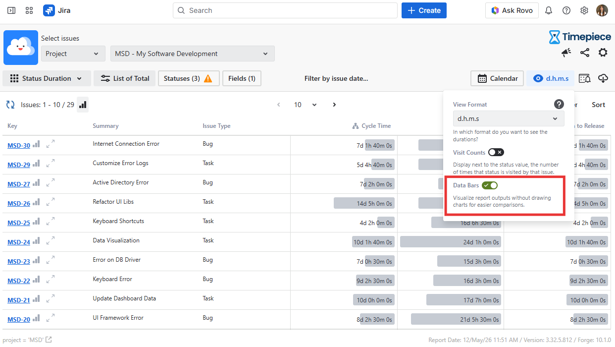 Status duration report with an open view format menu showing the data bars radio button
