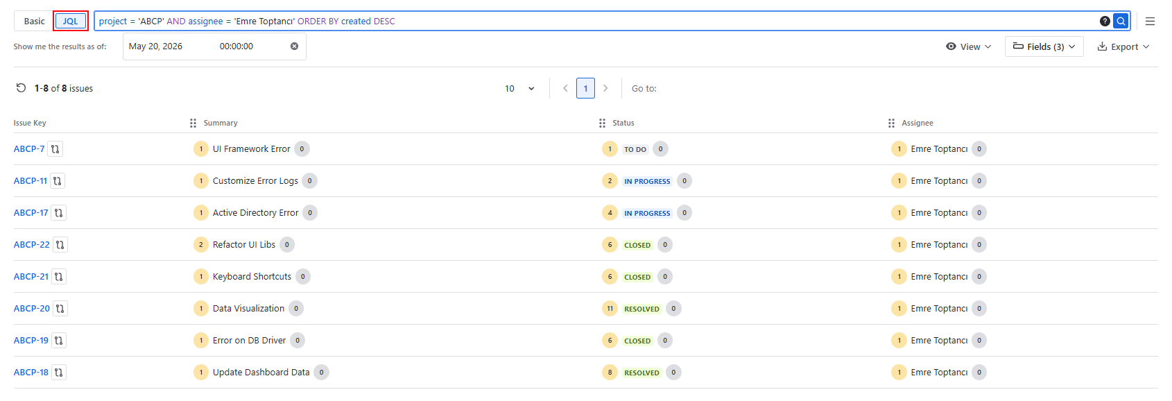 A screenshot of the JQL Filter in Historian, showing JQL-based filtering for work items.
