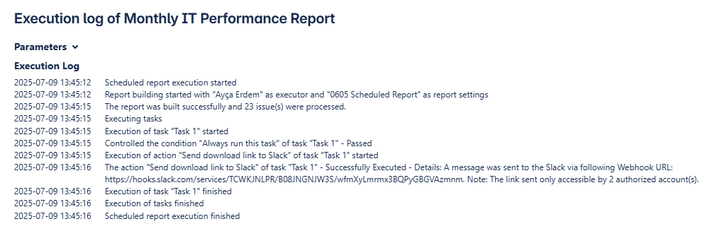 An example of execution log page